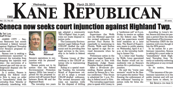 The Kane Republican: Seneca now seeks court injunction against Highland Twp.