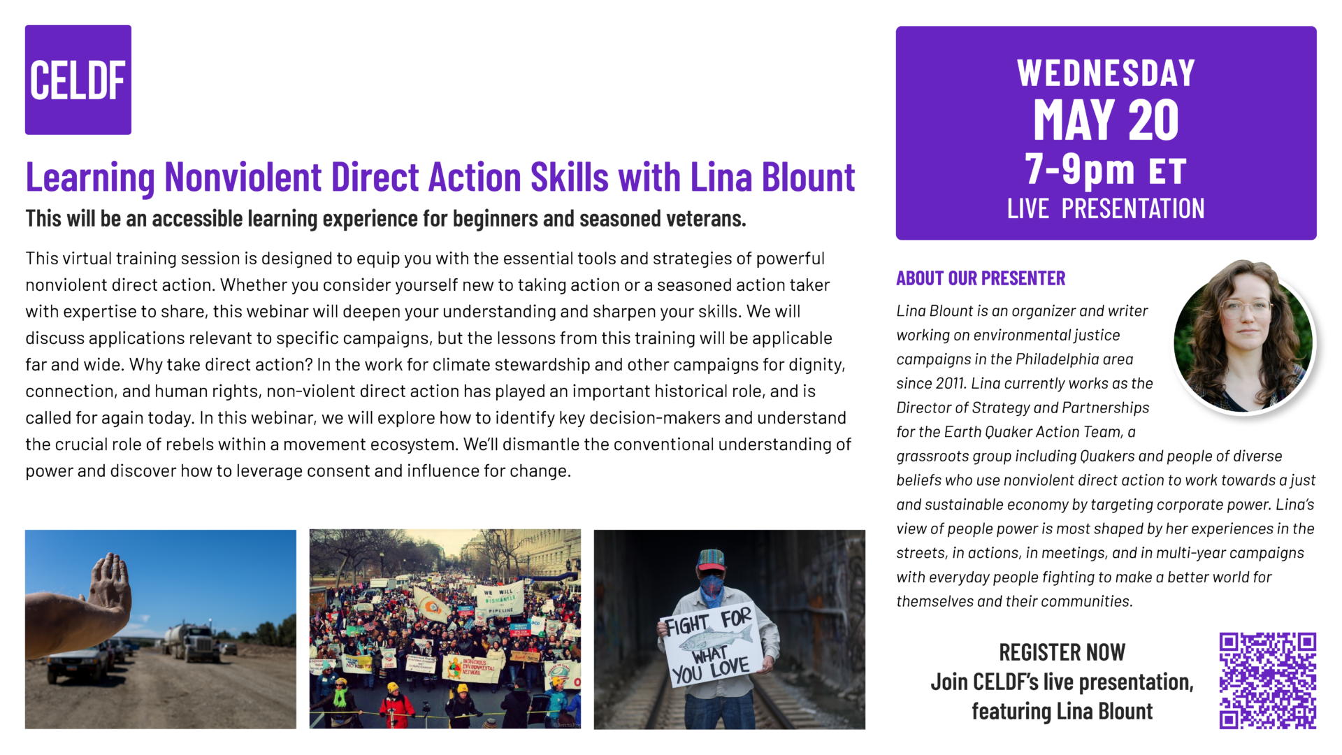 Register today for CELDF’s Nonviolent Direct Actions Skills with Lina Blount on May 20th from 7 to 9pm ET