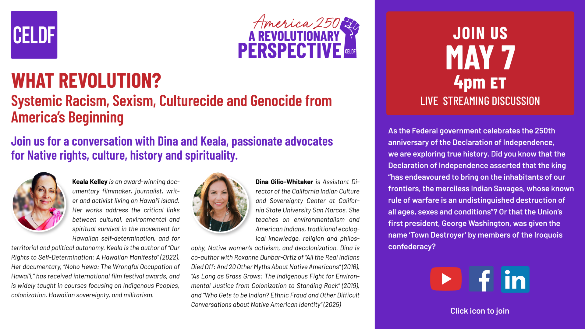 JOIN CELDF LIVE ON MAY 7TH at 4pm ET! – Discussion on Systemic Racism, Sexism, Culturecide and Genocide from America’s Beginning